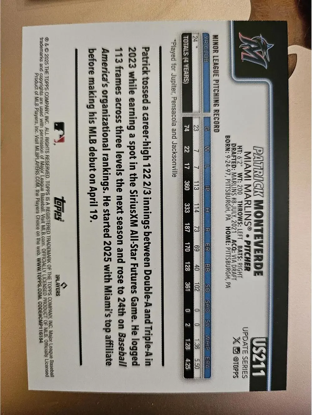 2025 Topps Update - Patrick Monteverde (RC) US211 - Marlins - RAW Mint - Picture 2 of 2